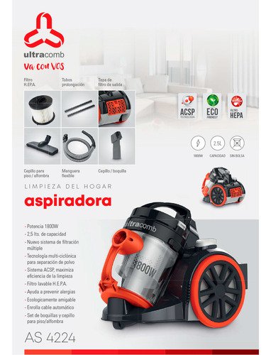 Aspiradora Trineo Ultracomb As-4224 Negra Y Naranja 2,5 Litros Multiciclónica 1800w Negro/naranja - Image 10