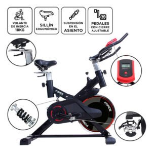 Bicicleta Fija Spinning Gadnic Spin-300 Disco 18kg Display Multifunción Regulable Hasta 140kg Negro/rojo
