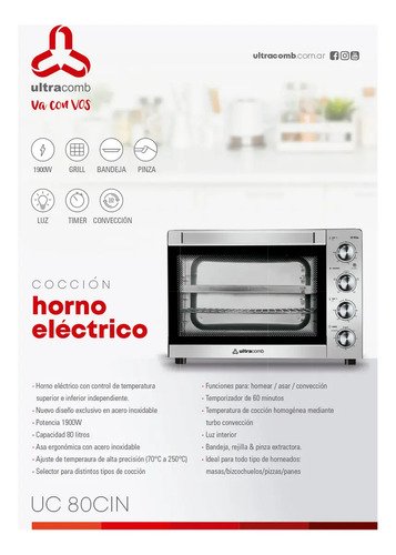 Horno De Mesa Eléctrico Ultracomb Uc-80cin 80 Litros Acero Inoxidable - Image 6