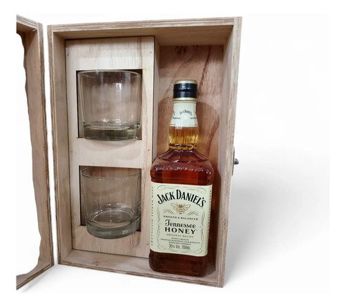 Jack Daniels Honey 700ml + 2 Vasos Estuche Madera Gift Box - Image 2