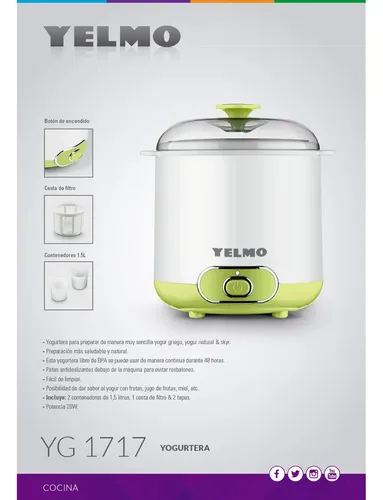 Yogurtera Yelmo Yg-1717 Yogur Griego Natural 20w 1.5 Litros 2 Contenedores Verde Claro - Image 3