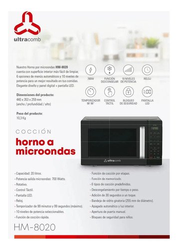 Microondas Digital Ultracomb Táctil 20lts Hm-8020 Negro Pantalla Tactil - Image 3