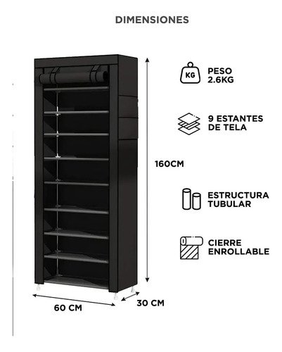 Organizador De Zapatos 9 Niveles 27 Pares Puerta Con Cierre Negro - Image 3