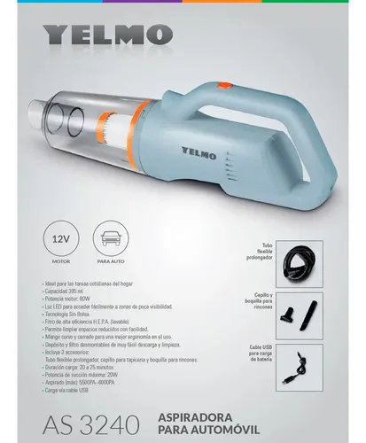 Yelmo As-3240 Aspiradora Para Auto Recargable Usb Color Gris - Image 9