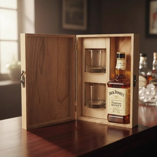 Jack Daniels Honey 700ml + 2 Vasos Estuche Madera Gift Box - Image 3