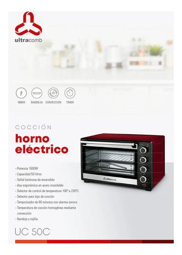 Horno Eléctrico De Mesa Ultracomb Uc-50c Rojo 50lts Convección - Image 4