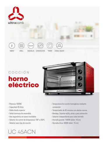 Horno Eléctrico De Mesa Ultracomb Uc-45acn 45 Lts Rojo Doble Anafe Superior - Image 6
