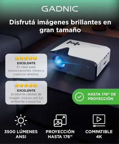 Proyector Portatil Gadnic P-3129 Fhd Soporta 4k Bt Multi Conexion 5000 Lúmenes Control Remoto 40 A 150 Blanco - Image 2