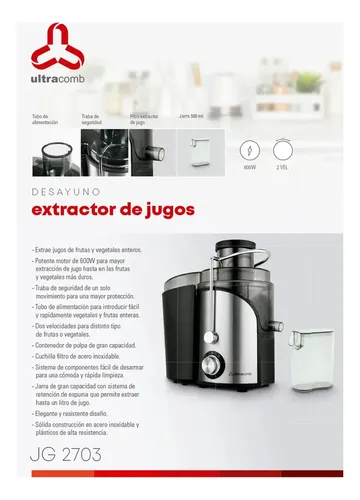 Juguera Extractor Jugo Ultracomb Eléctrica Jg-2703 Con Jarra Acero Inoxidable Color Plata Plateado - Image 6