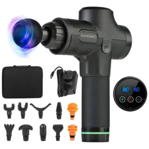 Pistola Masajeadora Exp Mass Gadnic 30 Velocidades 12 Cabezales Portátil Recargable Lcd Motor Brushless Recuperación Muscular Silenciosa Negro