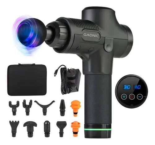 Pistola Masajeadora Exp Mass Gadnic 30 Velocidades 12 Cabezales Portátil Recargable Lcd Motor Brushless Recuperación Muscular Silenciosa Negro