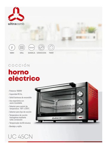 Horno Electrico Ultracomb De Mesa 45lts Uc45cn 45l1600w Conveccion Color Negro/rojo - Image 4