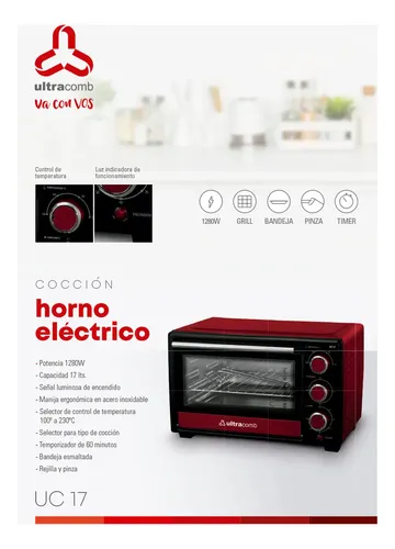 Horno Eléctrico De Mesa Ultracomb Uc-17 17litros Color Rojo/negro 1280w Con Bandeja Y Rejilla - Image 7