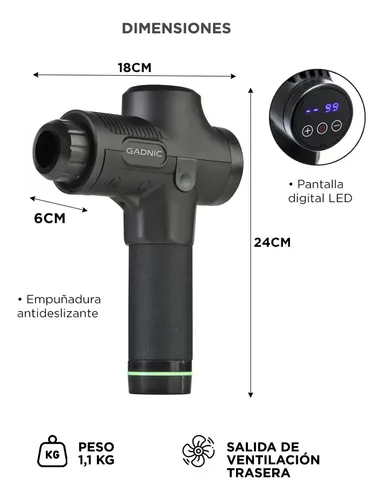 Pistola Masajeadora Exp Mass Gadnic 30 Velocidades 12 Cabezales Portátil Recargable Lcd Motor Brushless Recuperación Muscular Silenciosa Negro - Image 6