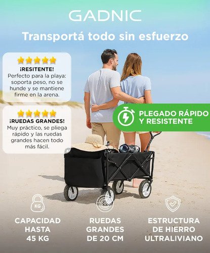 Carro Plegable Gadnic Aluminio Hasta 45 Kg Reforzado Compras Multiuso Camping Playa Negro - Image 2