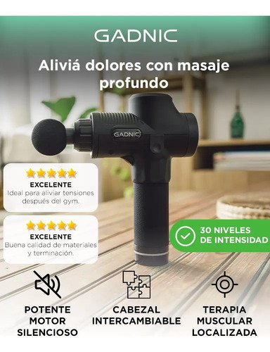Pistola Masajeadora Exp Mass Gadnic 30 Velocidades 12 Cabezales Portátil Recargable Lcd Motor Brushless Recuperación Muscular Silenciosa Negro - Image 2