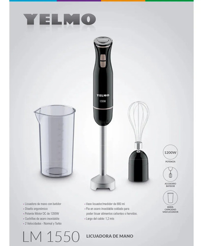 Licuadora De Mano Yelmo Lm-1550 Color Negro 1200w Acero Inoxidable Con Vaso - Image 4